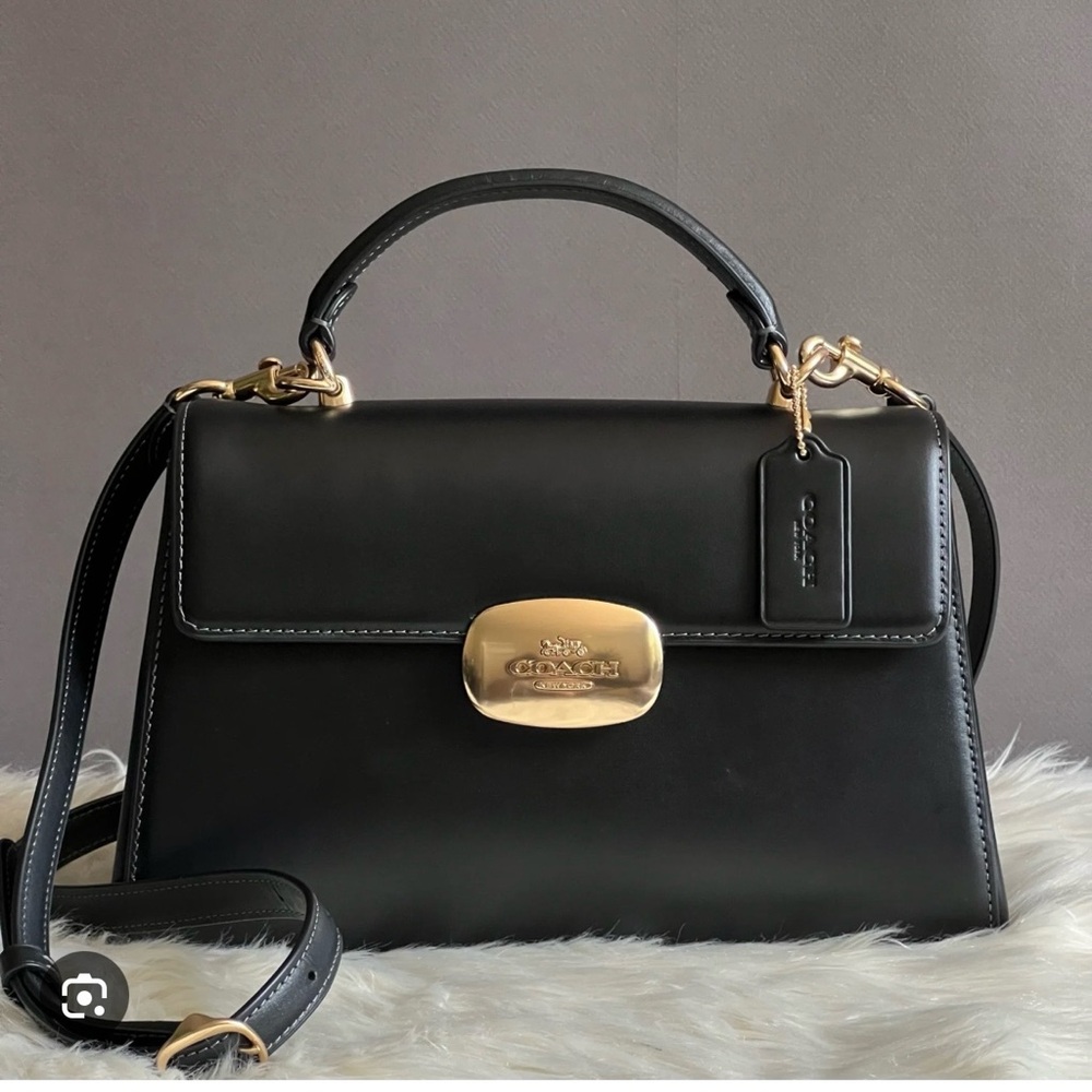 Coach Black Leather Eliza Top-Handle Satchel with Gold Accent